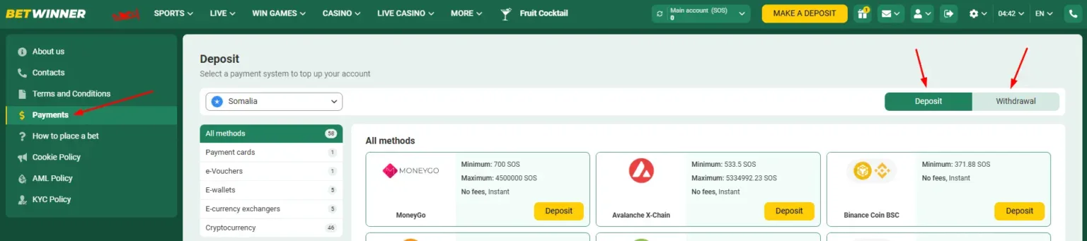 Betwinner Somalia deposit methods